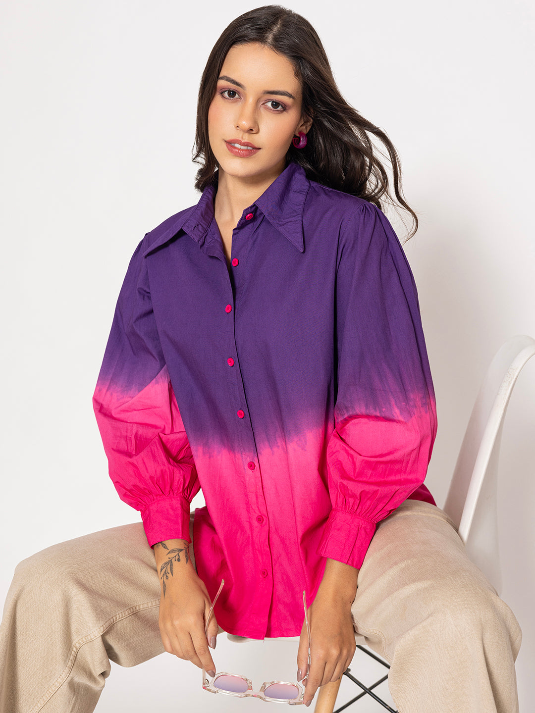 Purple Pink Ombre Oversized Fit Pure Cotton Shirt