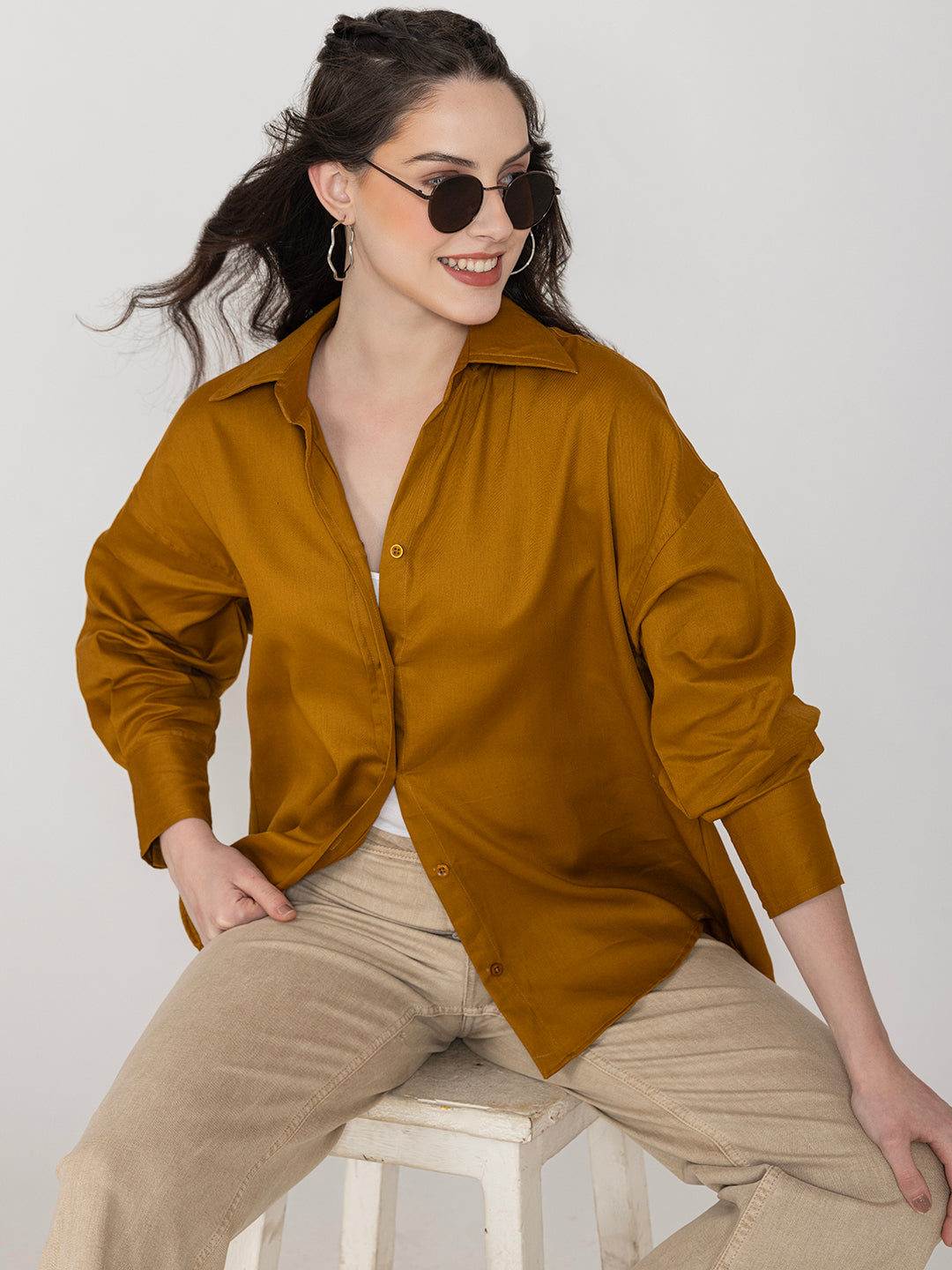 Brown Oversized Fit Pure Cotton  Shirt
