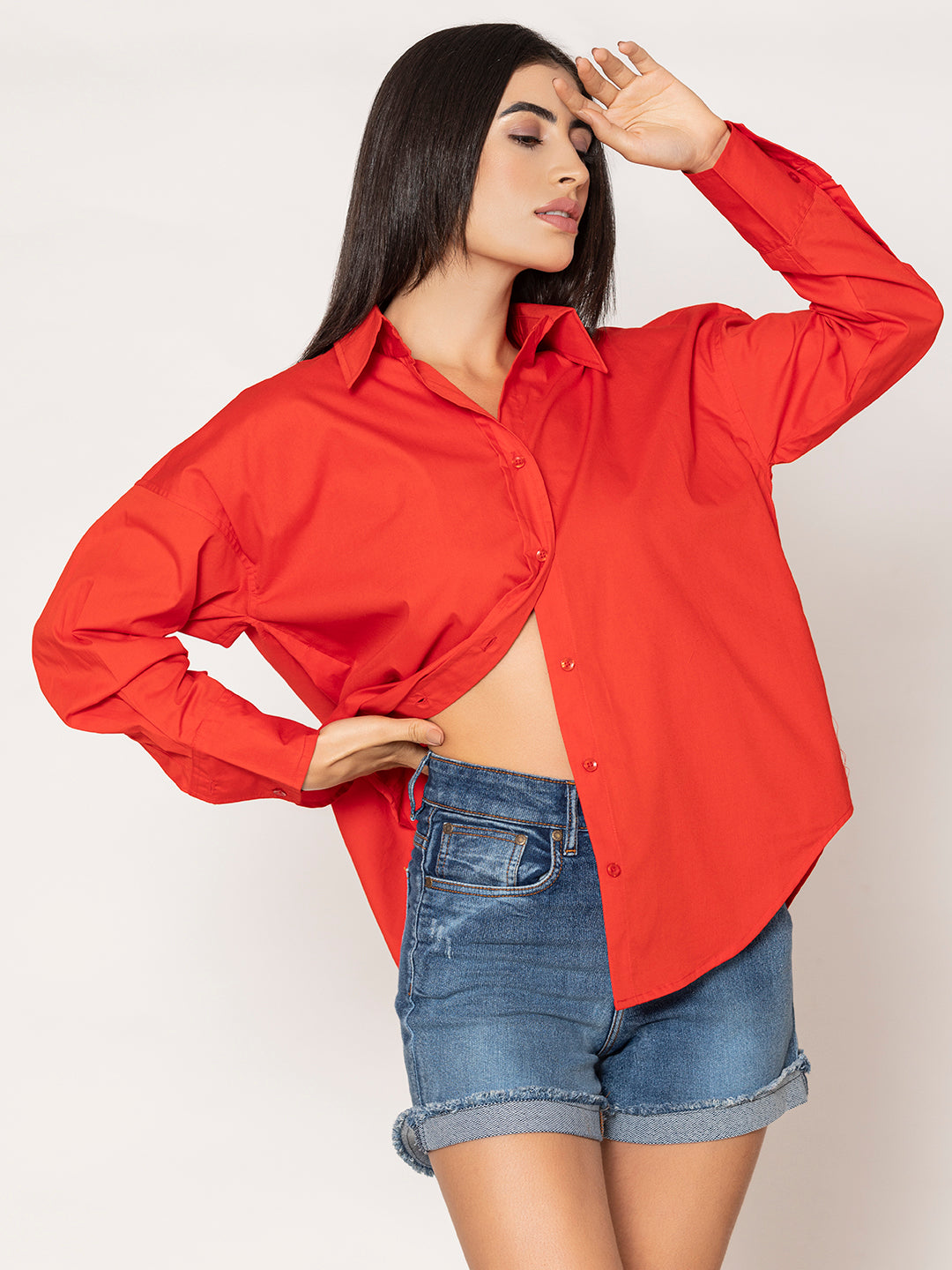 Red Baggy Oversized Fit Pure Cotton Poplin Shirt - Main Image