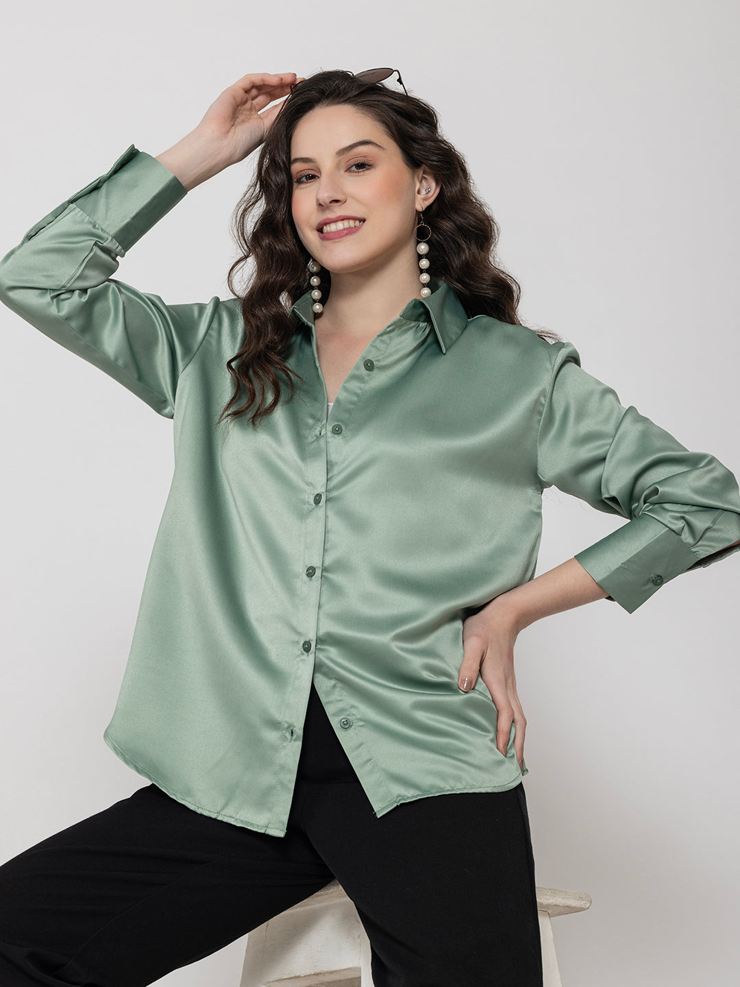 Light Green Milano Satin Relaxed Fit Shirt LOUNGE DREAMS Light Green Milano Satin Relaxed Fit Shirt LOUNGE DREAMS