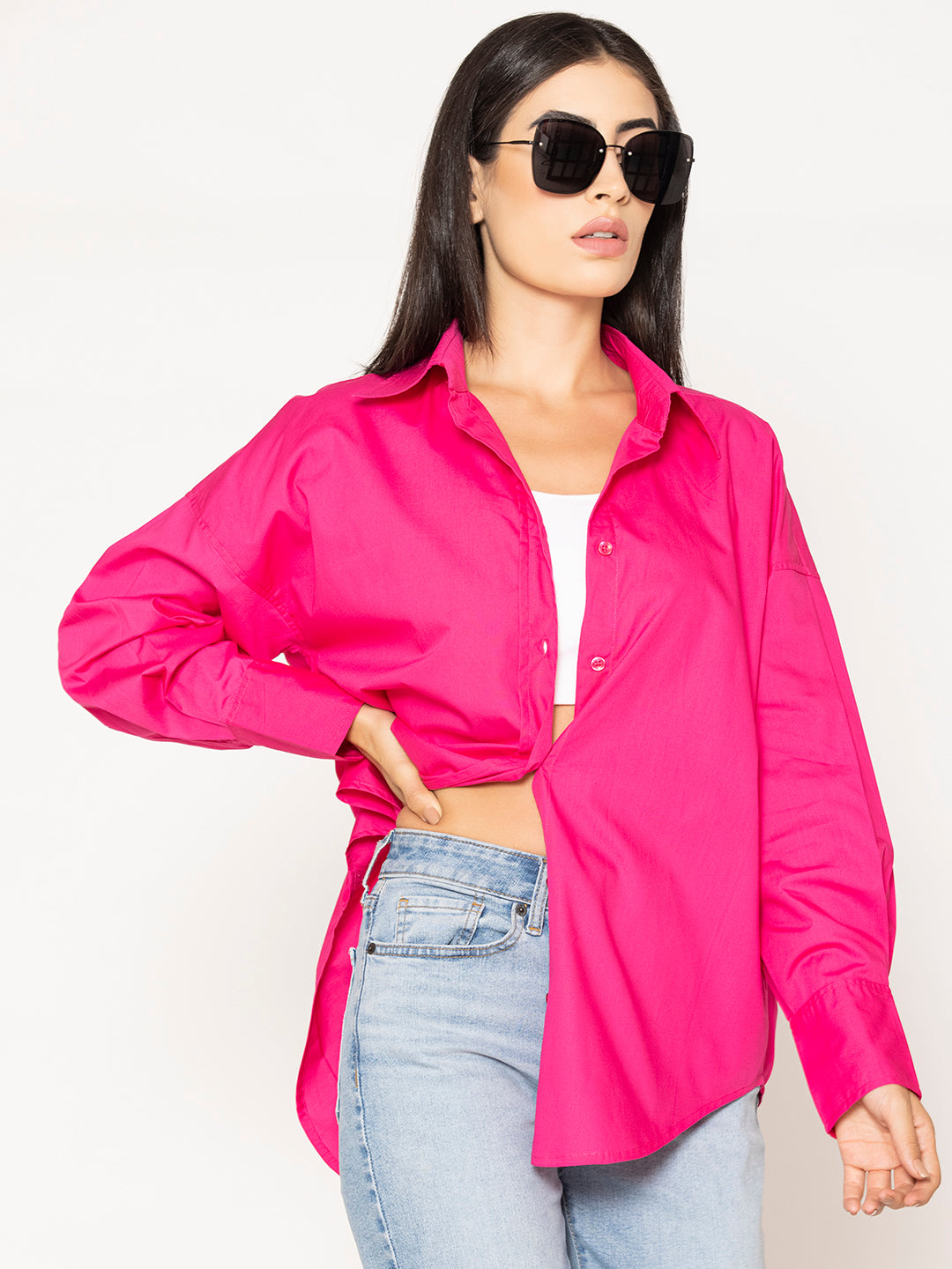 Hot Pink Baggy Oversized Fit Pure Cotton Poplin Shirt