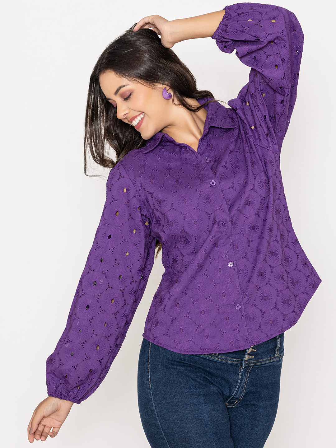 Purple Schiffli Pure Cotton Shirt