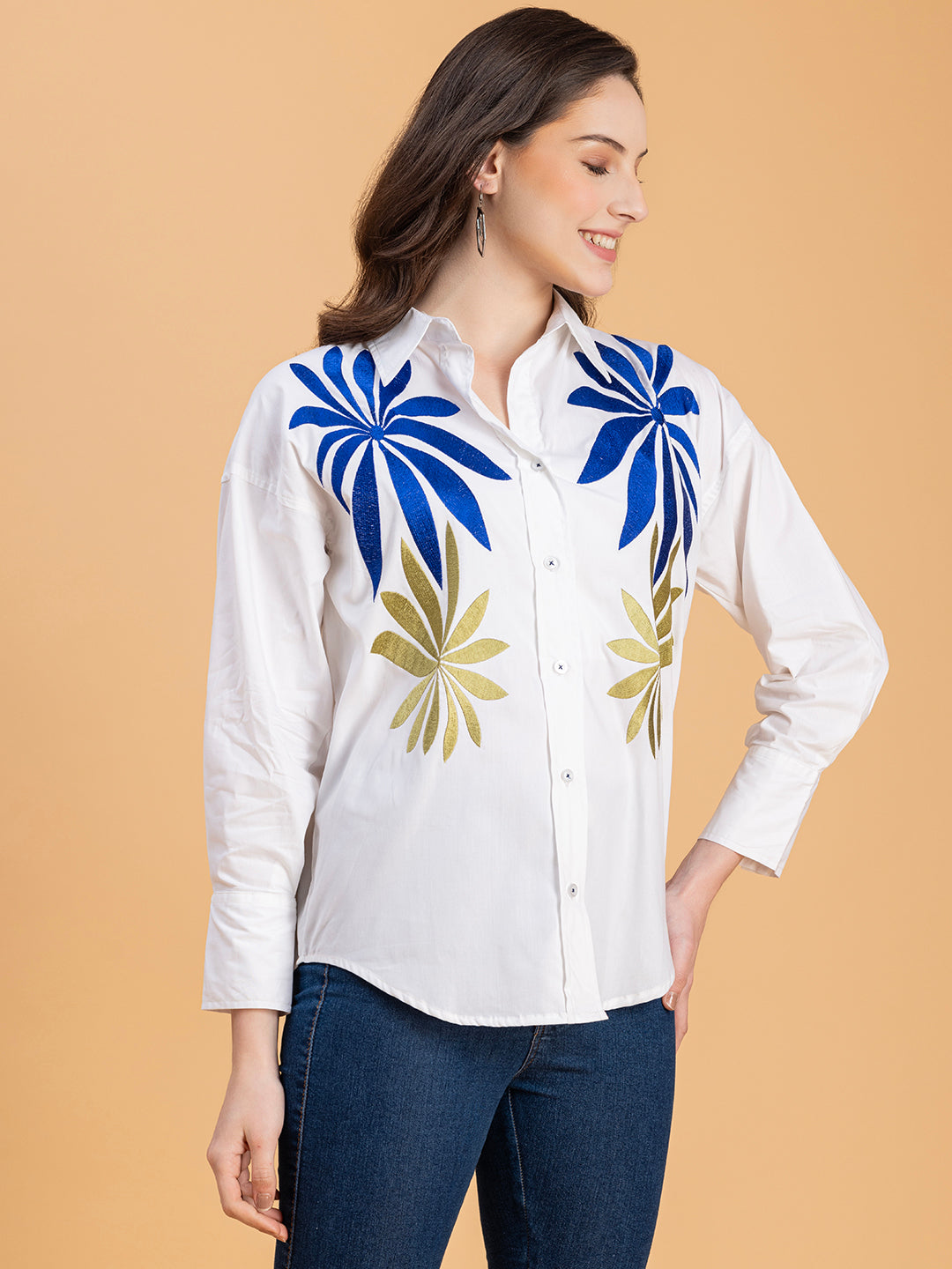 White Front Embroidered Pure Cotton Oversized Shirt