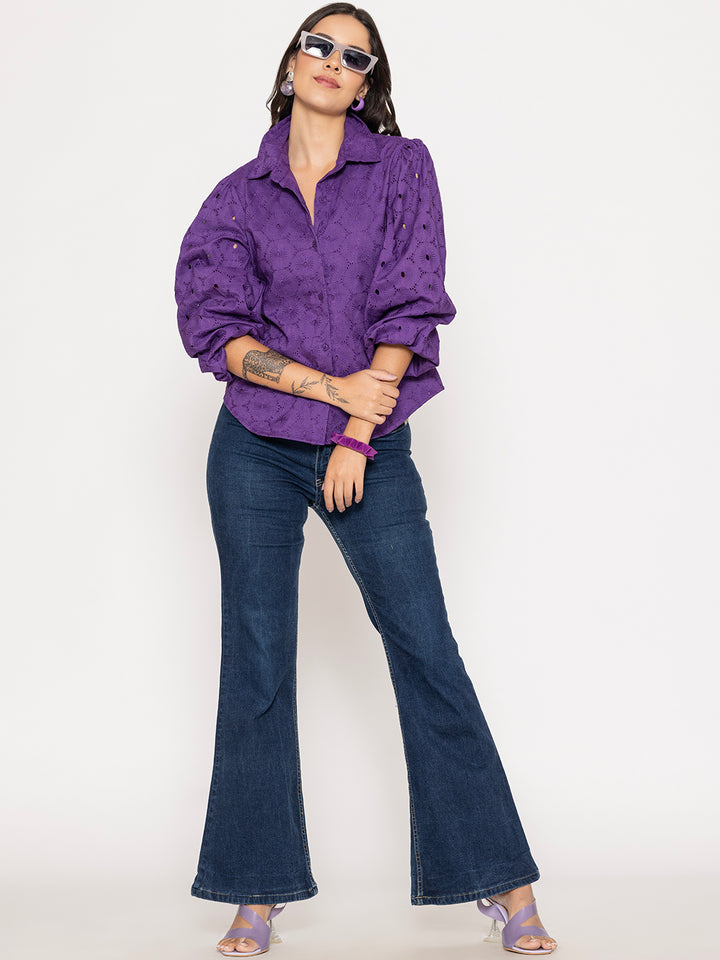 Purple Schiffli Pure Cotton Shirt