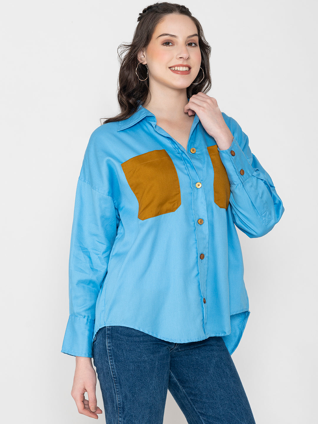 Sky Blue Oversized Fit Pure Cotton Shirt With Pocket