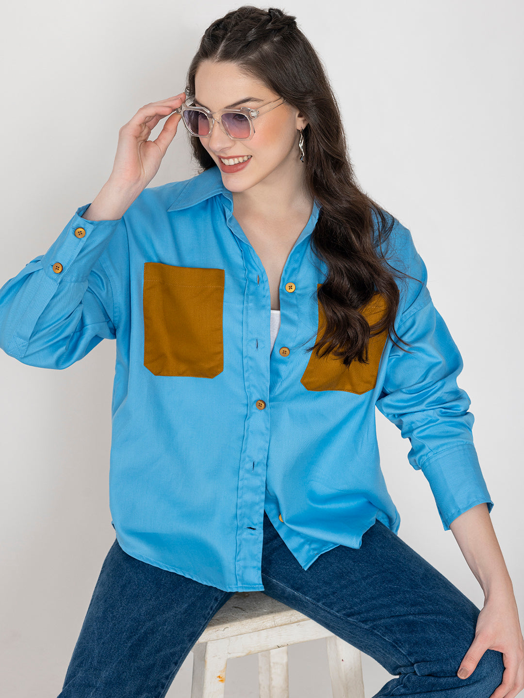 Sky Blue Oversized Fit Pure Cotton Shirt With Pocket