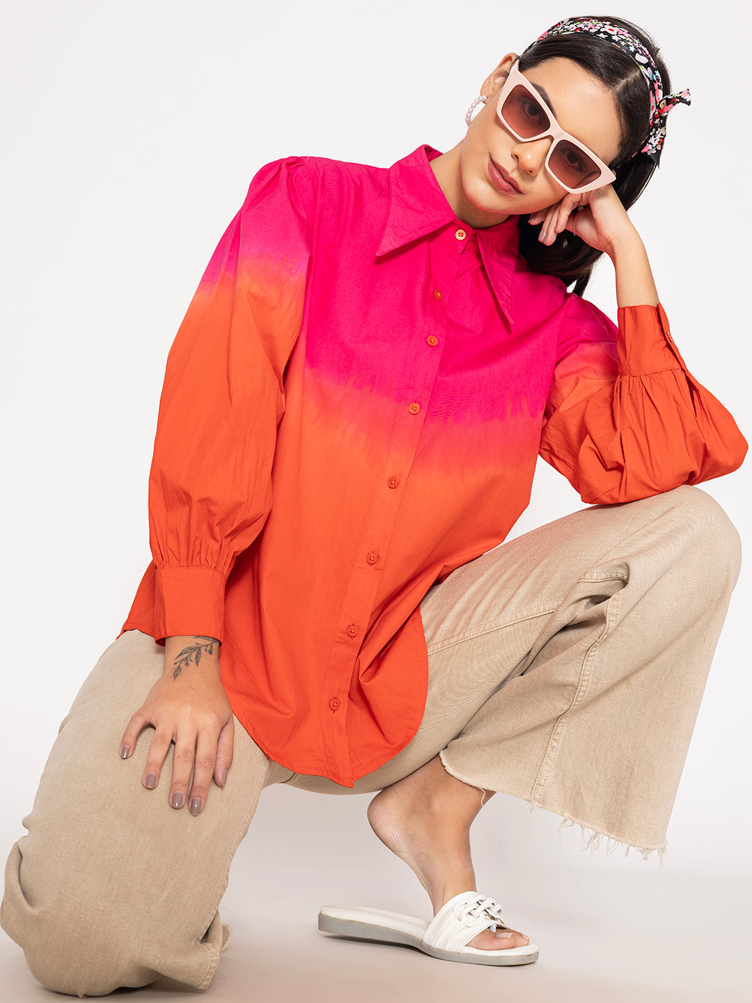 Pink Orange Ombre Oversized Fit Pure Cotton Shirt - Main Image