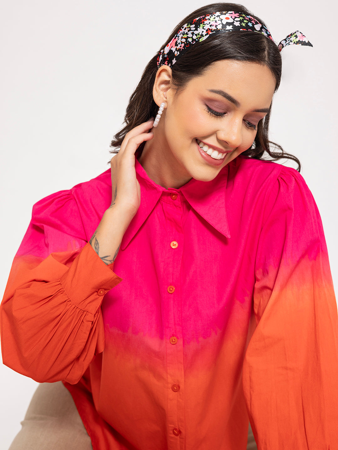 Pink Orange Ombre Oversized Fit Pure Cotton Shirt
