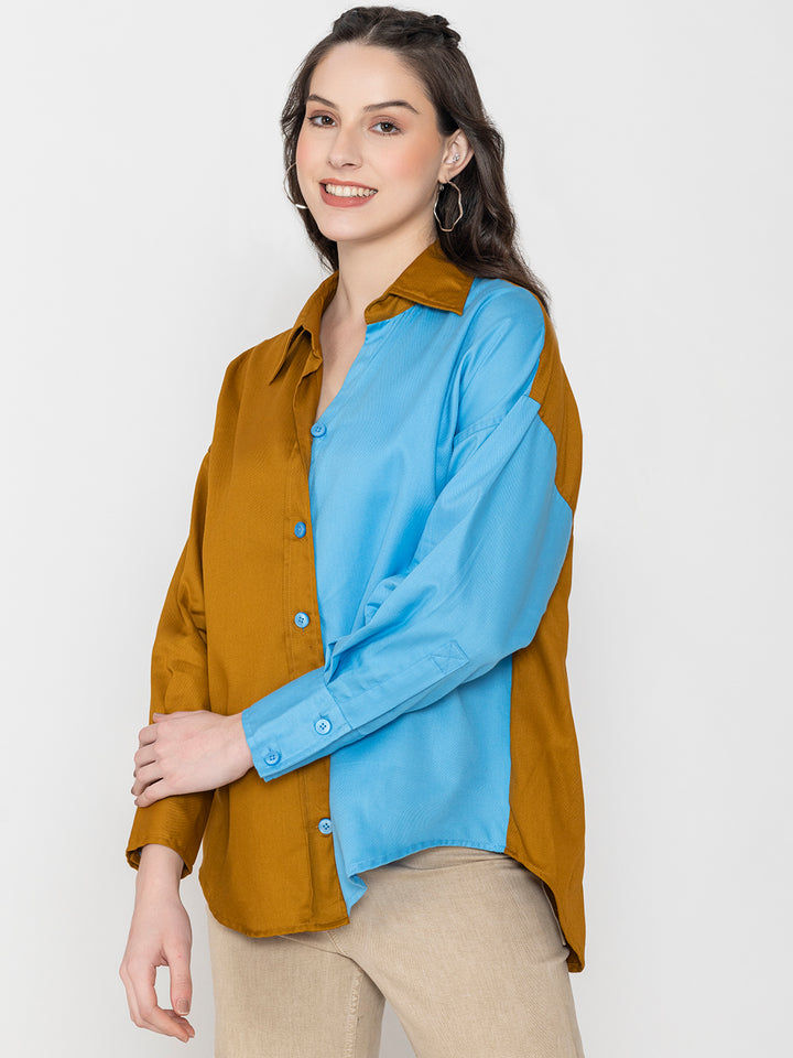 Brown & Sky Blue Oversized Fit Pure Cotton Shirt.