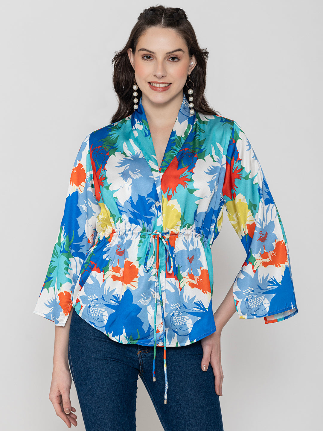 Blue Floral Printted Satin kimono  Women's Top