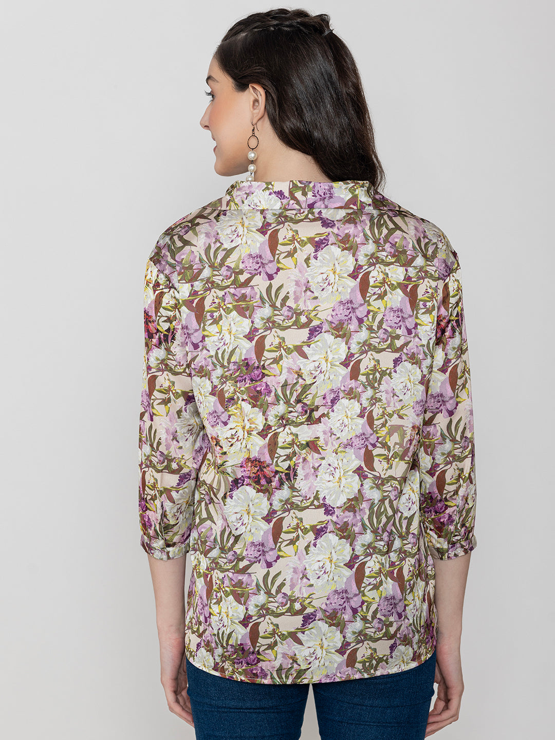 Purple Floral Printed Satin Collar Shirt  Women's Top