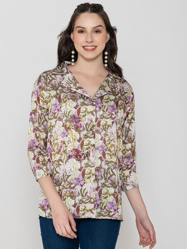 Purple Floral Printed Satin Collar Shirt  Women's Top
