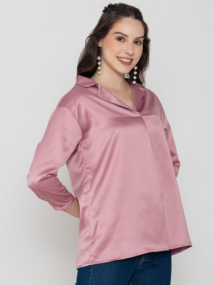 Ligh Pink Solid Satin Collar Shirt  Women's Top