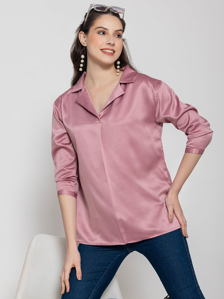 Ligh Pink Solid Satin Collar Shirt  Women's Top