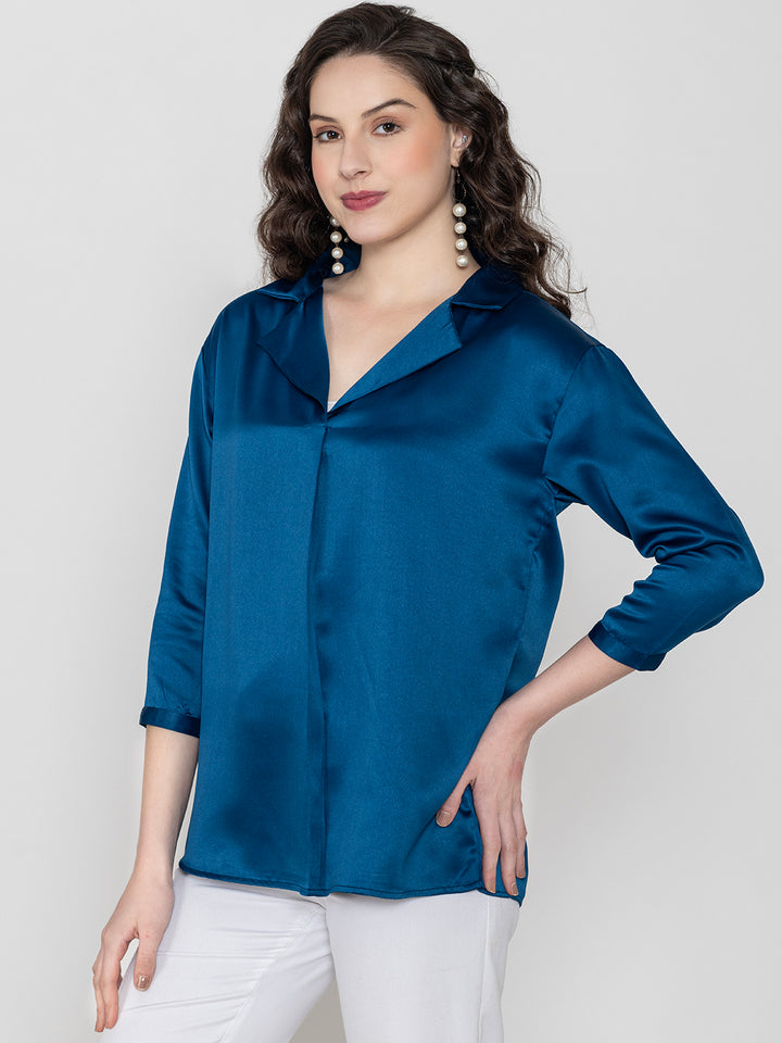 Navy Blue Solid Satin Collar Shirt  Women's Top
