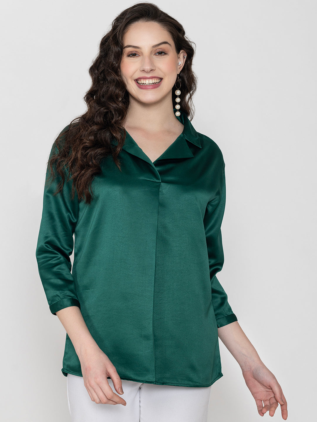 Dark Green Solid Satin Collar Shirt  Women's Top