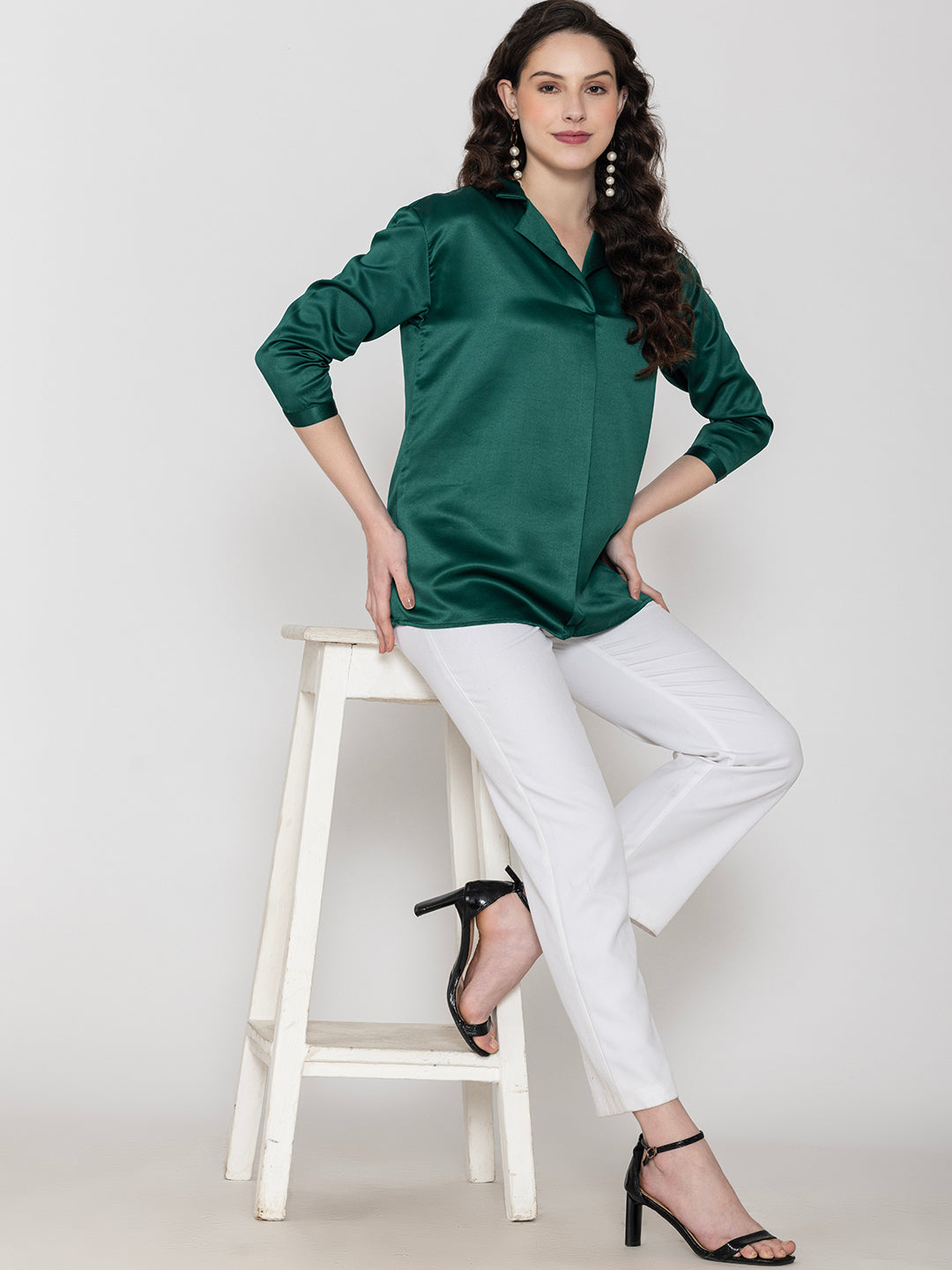Dark Green Solid Satin Collar Shirt  Women's Top