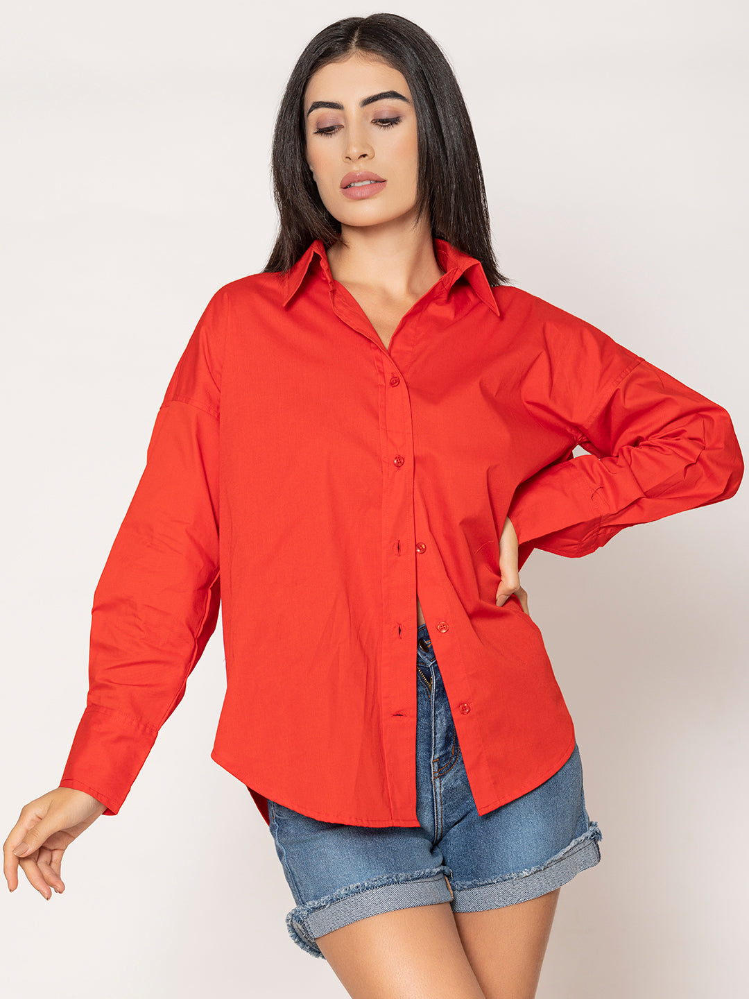 Red Baggy Oversized Fit Pure Cotton Poplin Shirt
