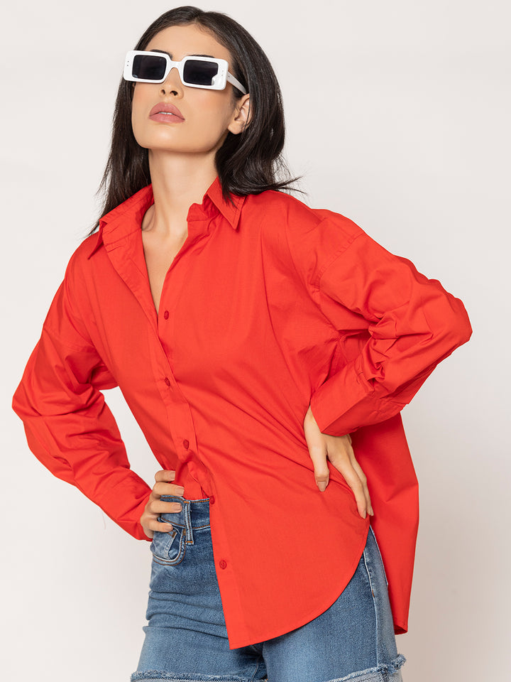 Red Baggy Oversized Fit Pure Cotton Poplin Shirt