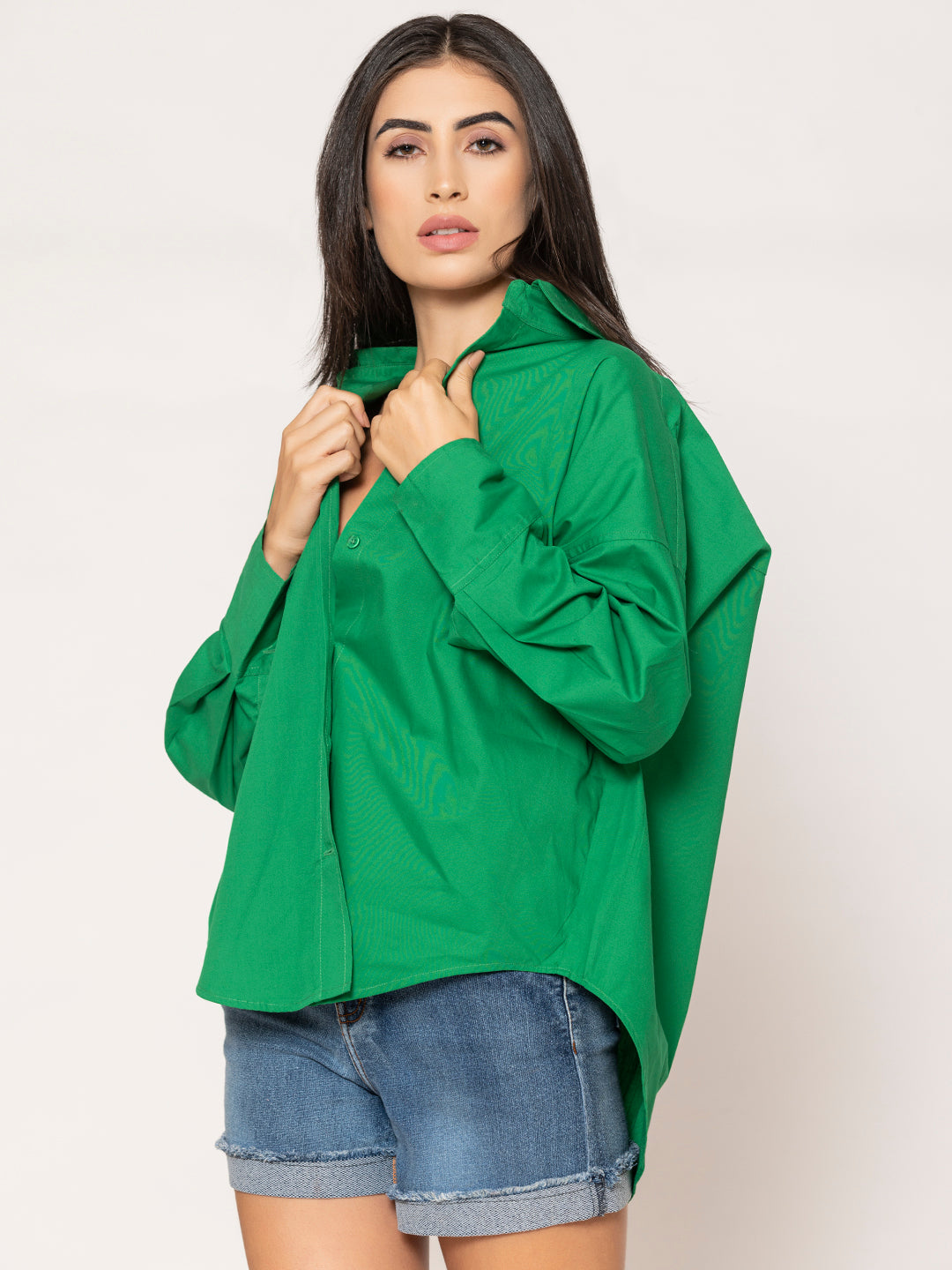 Green Baggy Oversized Fit Pure Cotton Poplin Shirt