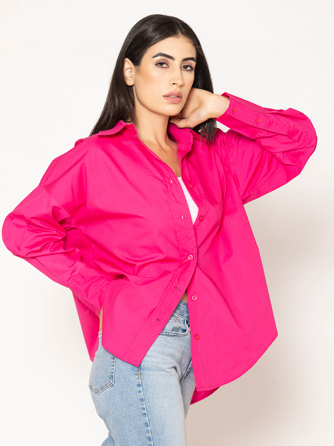 Hot Pink Baggy Oversized Fit Pure Cotton Poplin Shirt