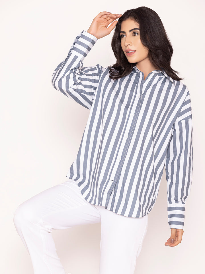 Grey Striped Pure Cotton Oversized Shirt