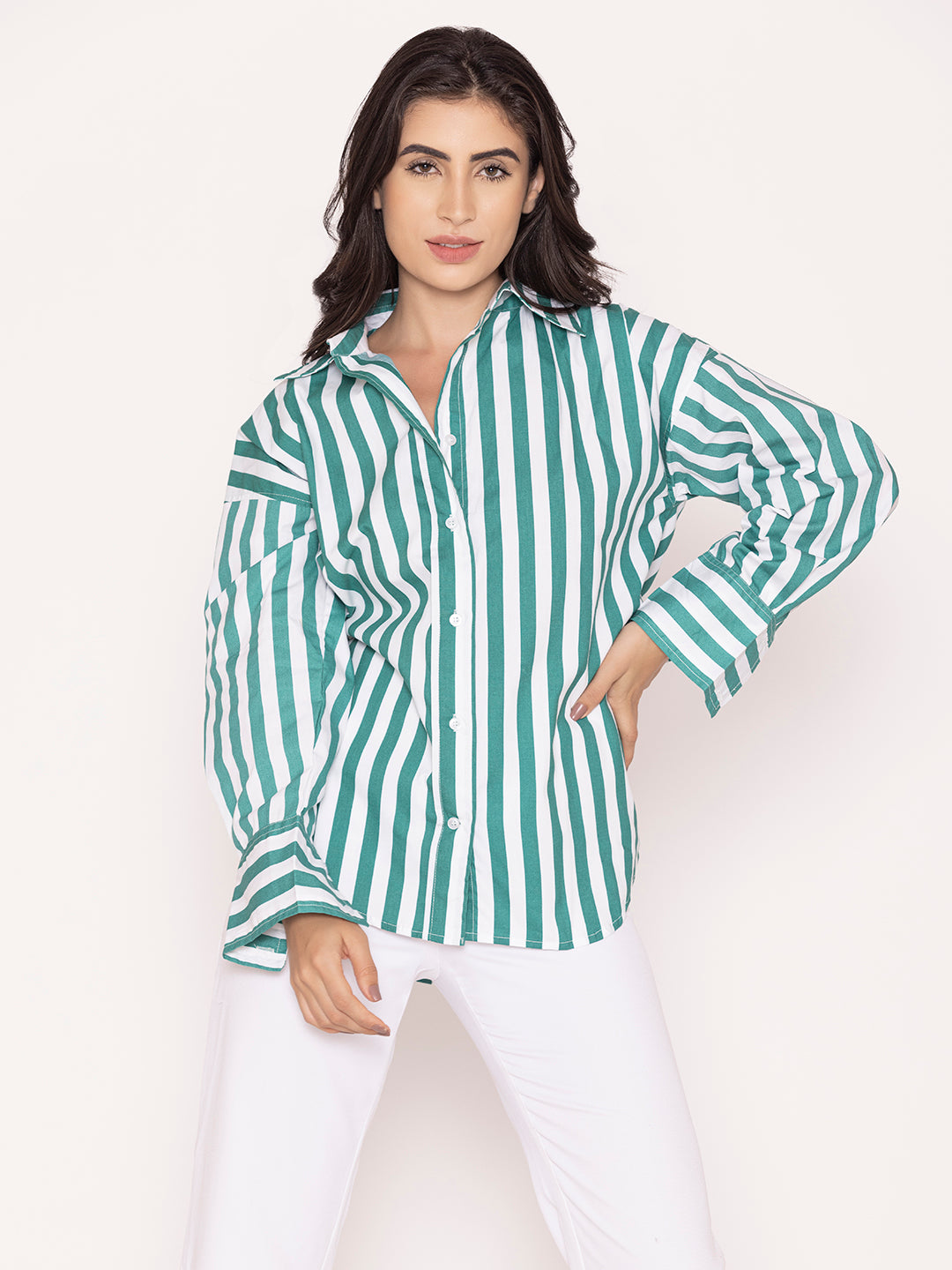 Green Striped Pure Cotton Oversized Shirt