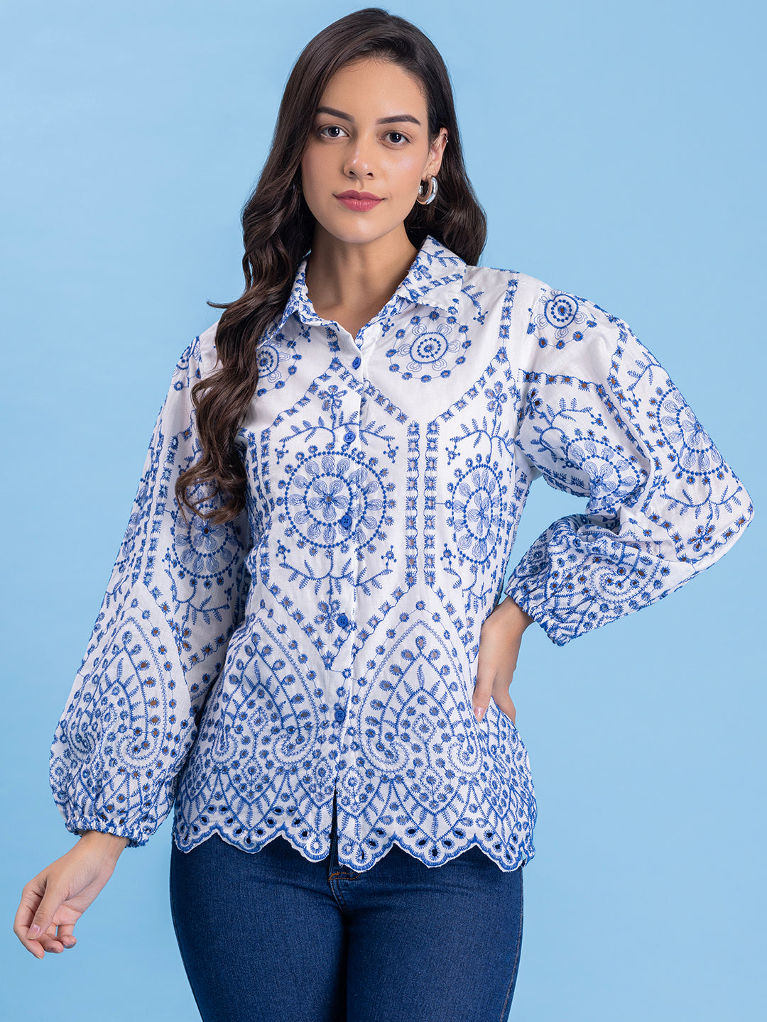 White & Blue Schiffli Embroidery Pure Cotton Shirt