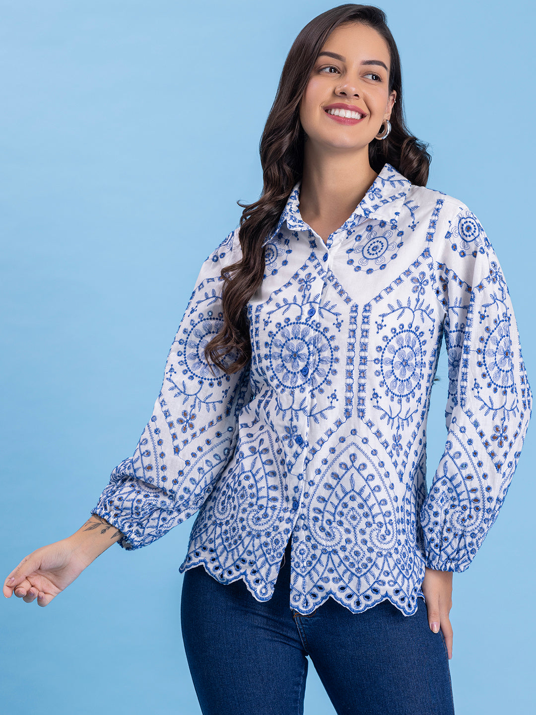 White & Blue Schiffli Embroidery Pure Cotton Shirt