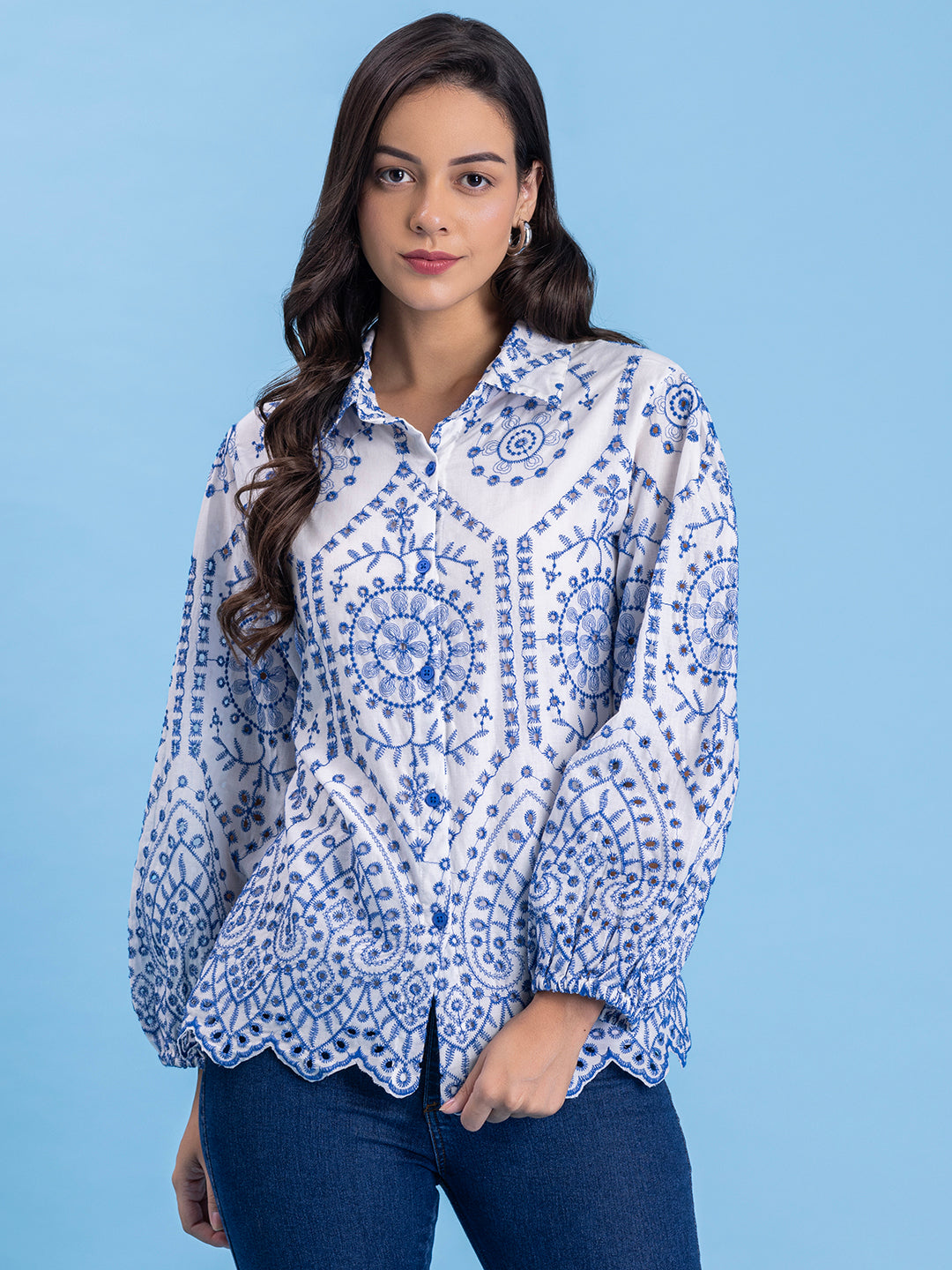 White & Blue Schiffli Embroidery Pure Cotton Shirt