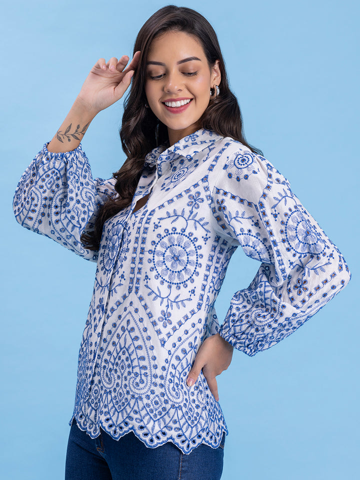 White & Blue Schiffli Embroidery Pure Cotton Shirt