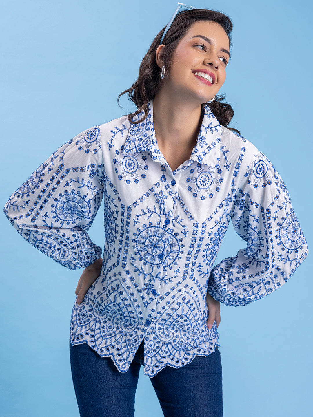 White & Blue Schiffli Embroidery Pure Cotton Shirt