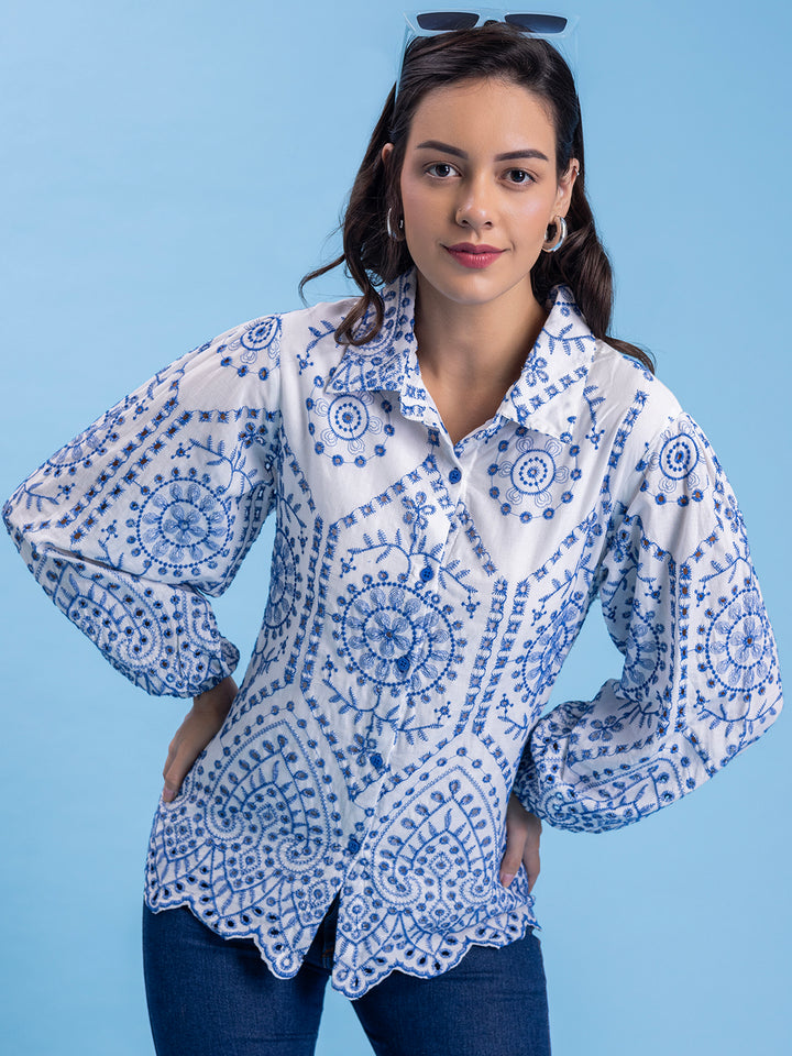 White & Blue Schiffli Embroidery Pure Cotton Shirt