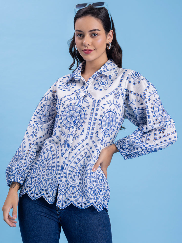 White & Blue Schiffli Embroidery Pure Cotton Shirt