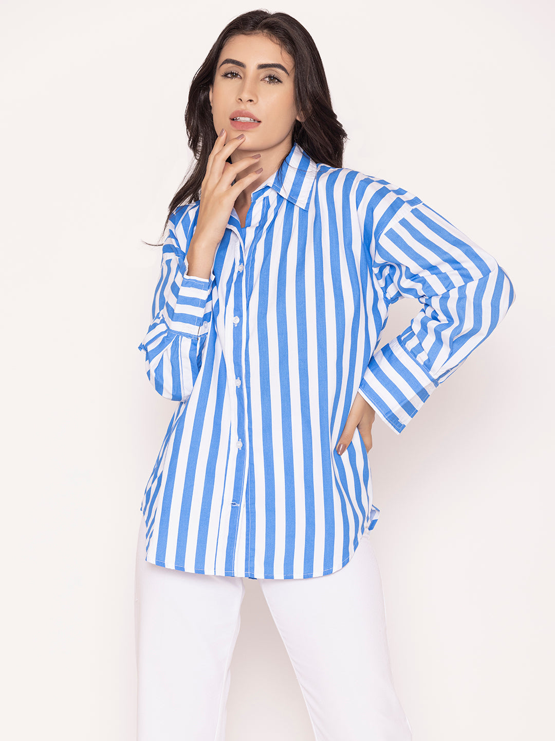 Blue Striped Pure Cotton Oversized Shirt