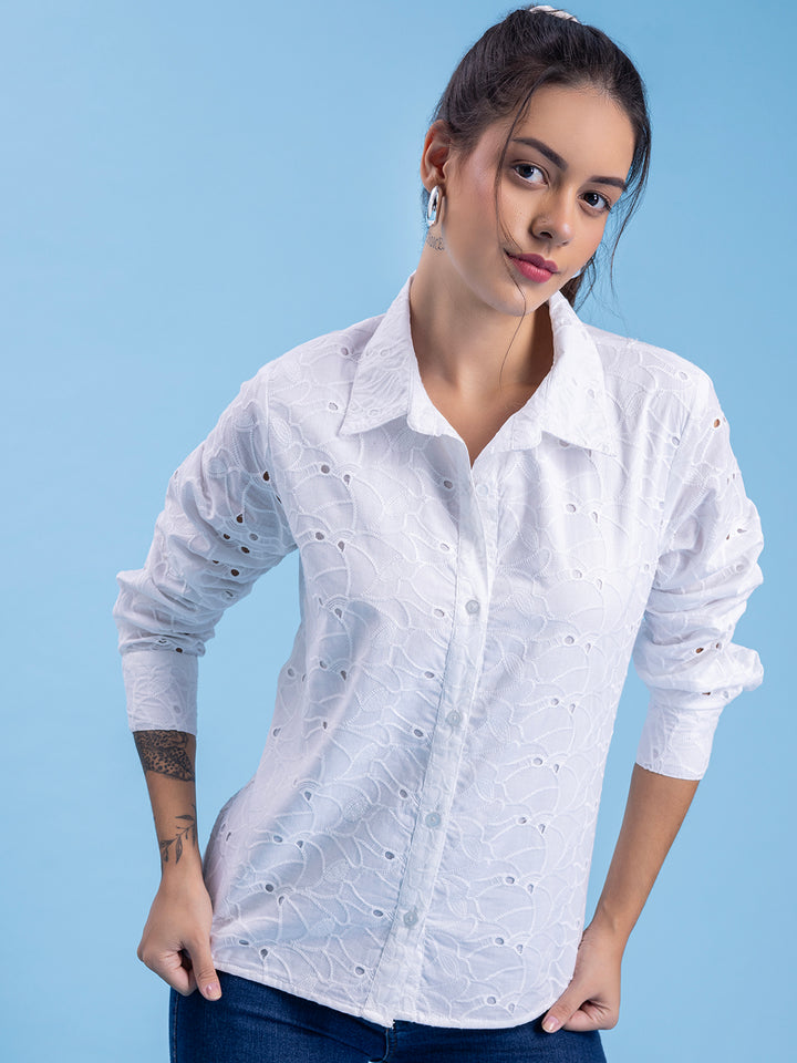 White Schiffli Pure Cotton Shirt