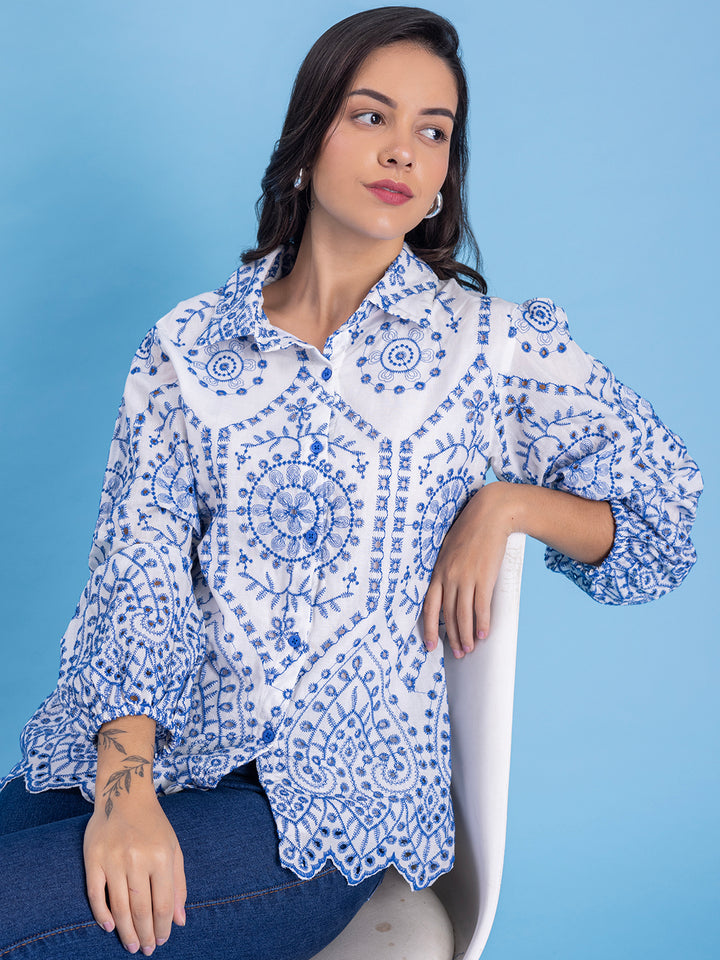 White & Blue Schiffli Embroidery Pure Cotton Shirt