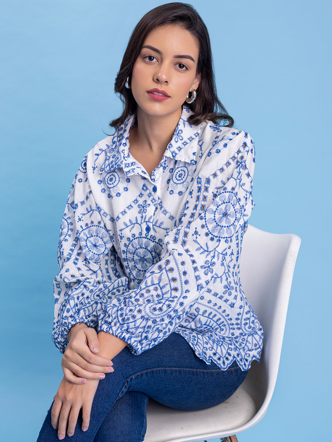 White & Blue Schiffli Embroidery Pure Cotton Shirt