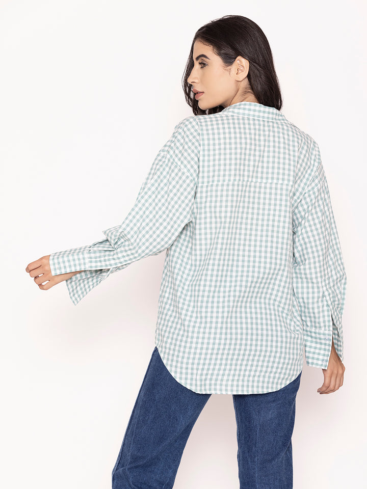 Green Checked Cotton Oversized Shirt