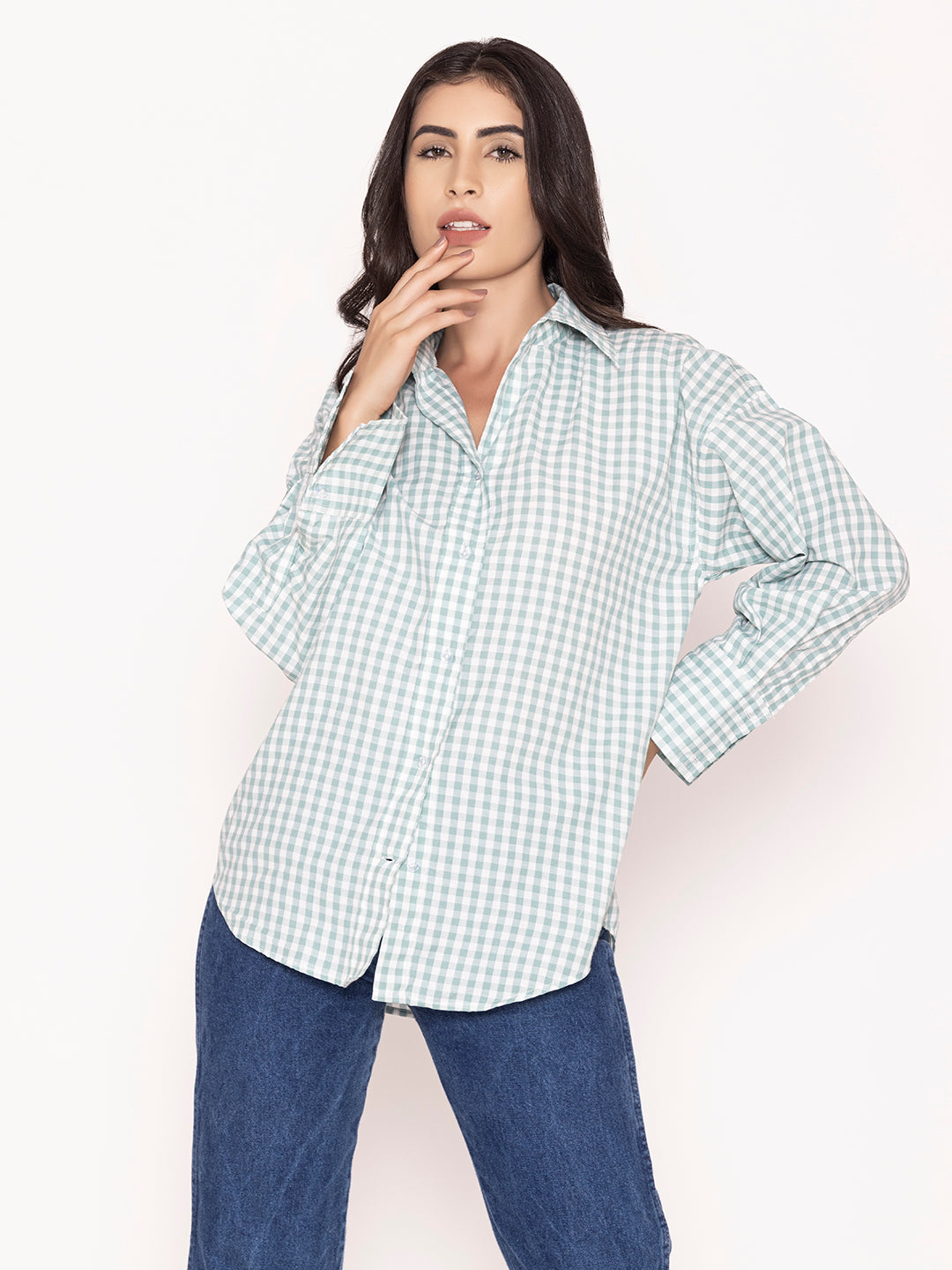 Green Checked Cotton Oversized Shirt