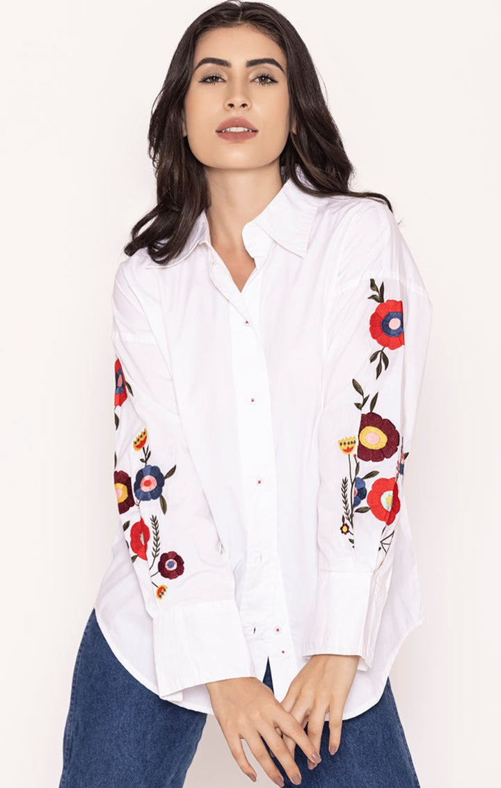 White Embroidered Pure Cotton Oversized Shirt