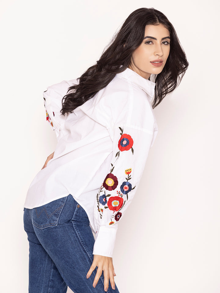 White Embroidered Pure Cotton Oversized Shirt