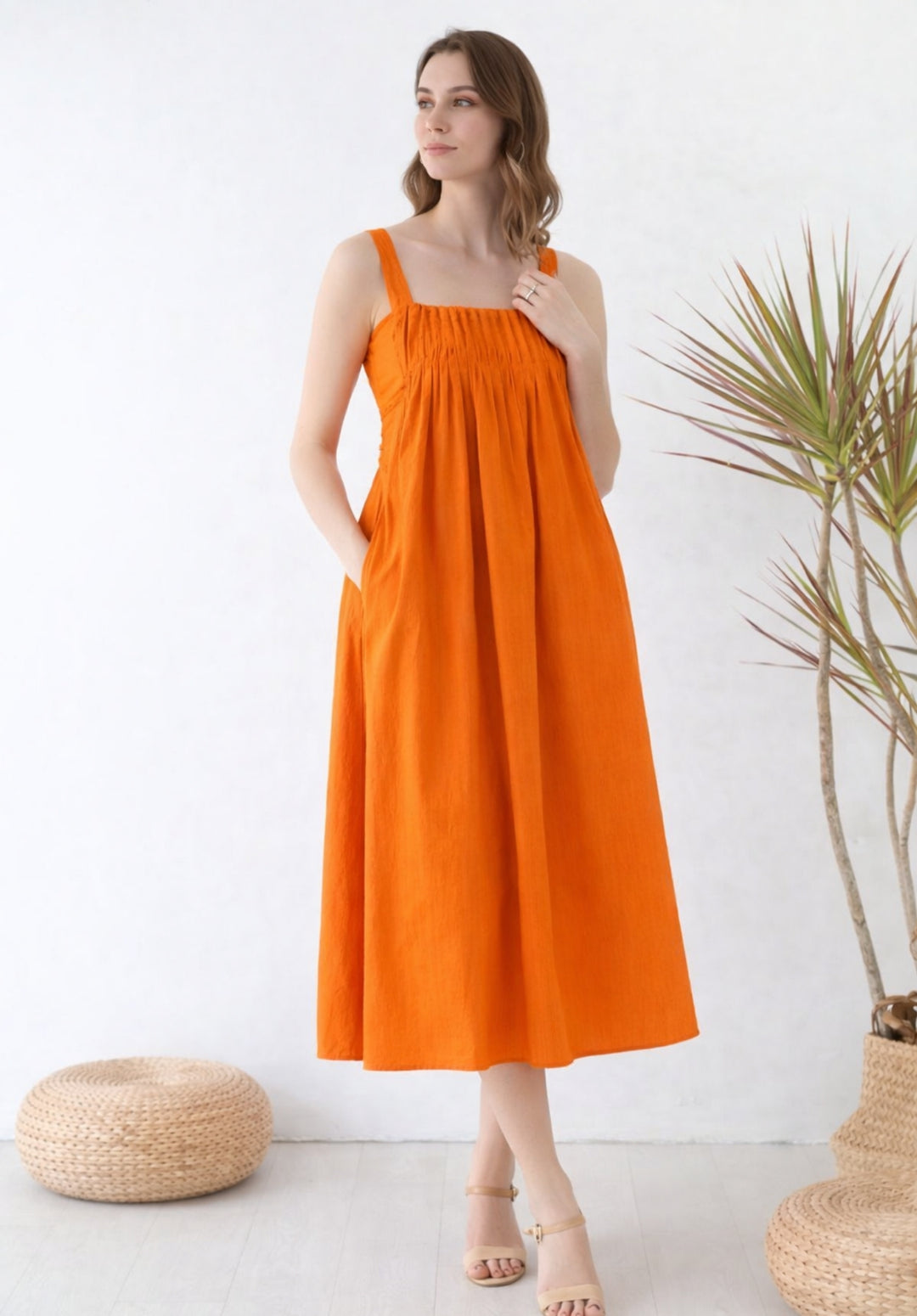 Rust Pleated Pure Cotton A-Line Smoked Waist Dress