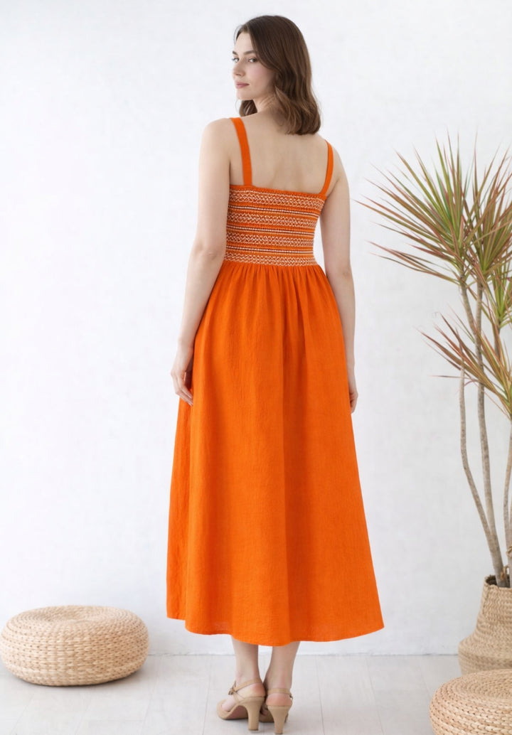 Rust Pleated Pure Cotton A-Line Smoked Waist Dress