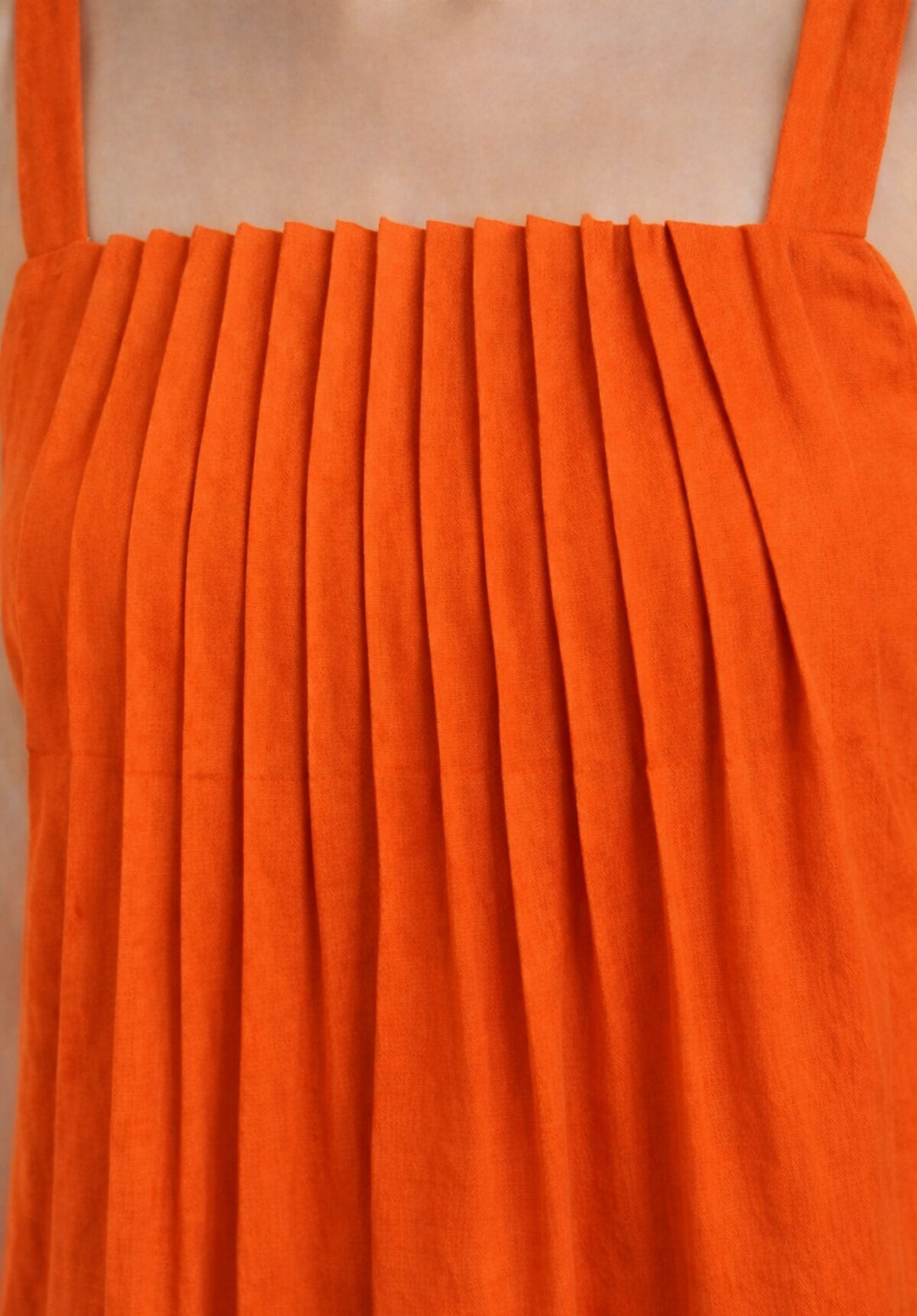 Rust Pleated Pure Cotton A-Line Smoked Waist Dress