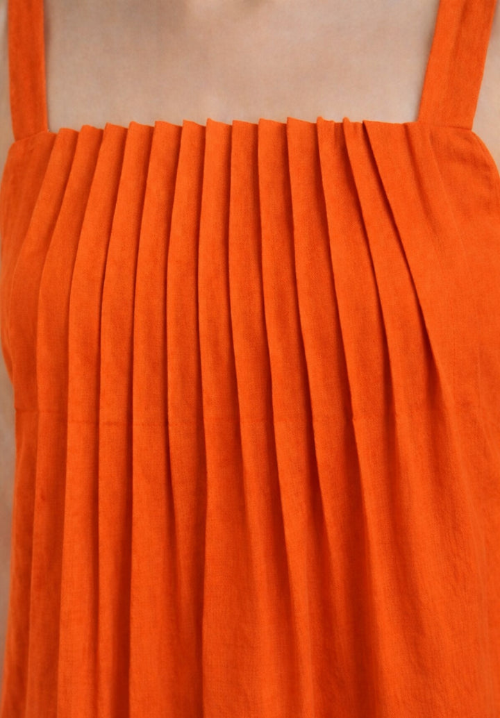 Rust Pleated Pure Cotton A-Line Smoked Waist Dress