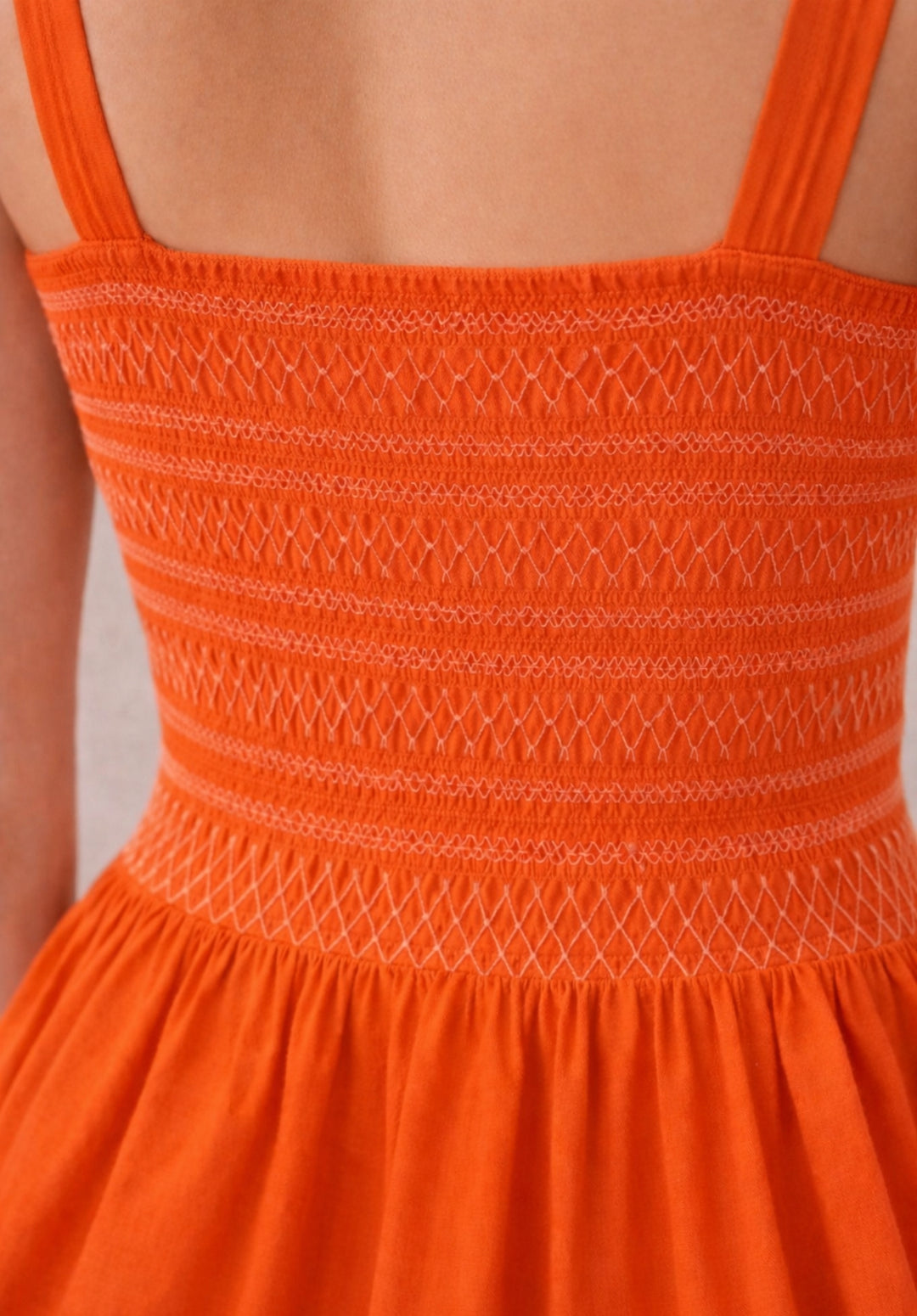 Rust Pleated Pure Cotton A-Line Smoked Waist Dress