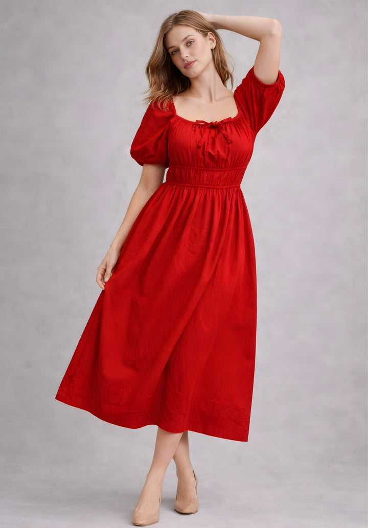 Red Pure Cotton A-Line Smoked Waist Dress