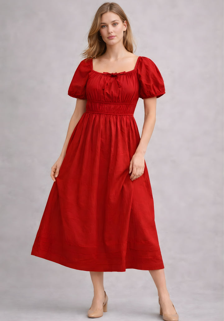 Red Pure Cotton A-Line Smoked Waist Dress