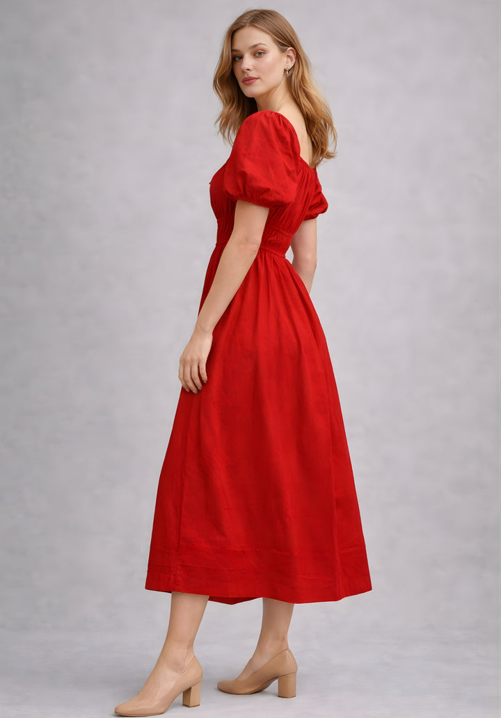Red Pure Cotton A-Line Smoked Waist Dress